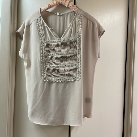 Pleione polyester tan top cotton lace plunge V neck large vintage sheer chiffon - Picture 3 of 7